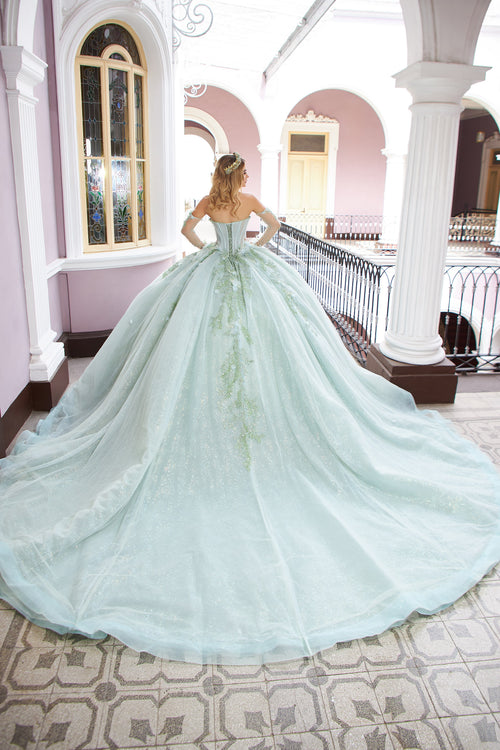 FRN2012 Vestido de XV Años Princesa Verde Menta con Aplicaciones Florales