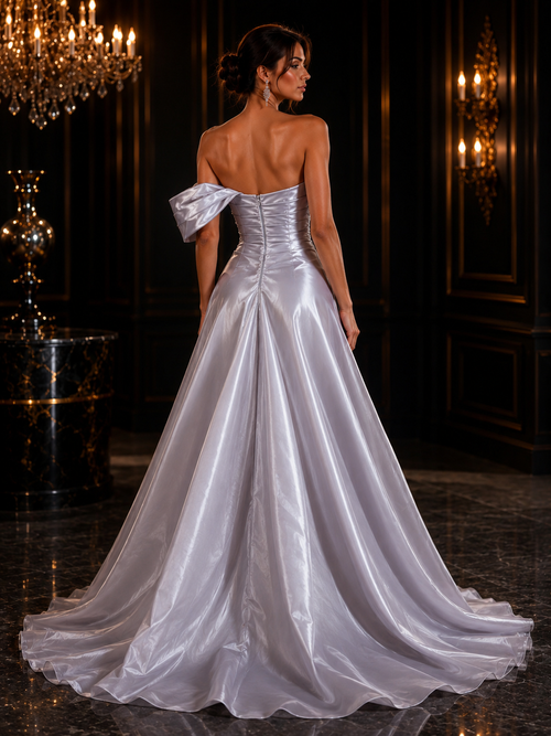 FER042  Vestido de Noche Plata con Pedrería y Sobrefalda Satinada